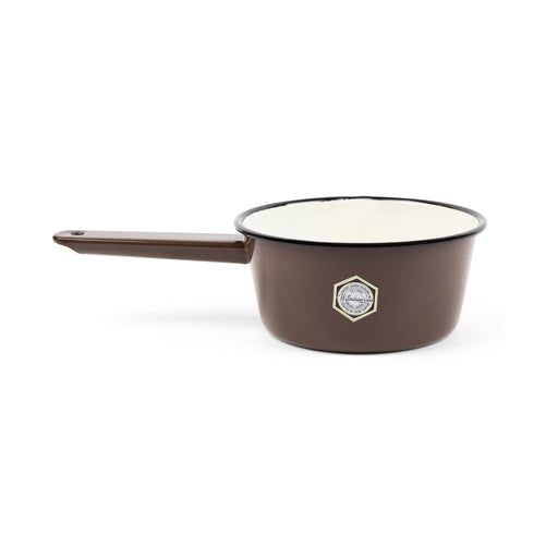 Crow Canyon Home | Camp Wandawega x CCH Enamelware Sauce Pot - Mustard Yellow and Cream with Brown Rim, ideal for versatile cooking in Athens Cooks' curated kitchen collection.