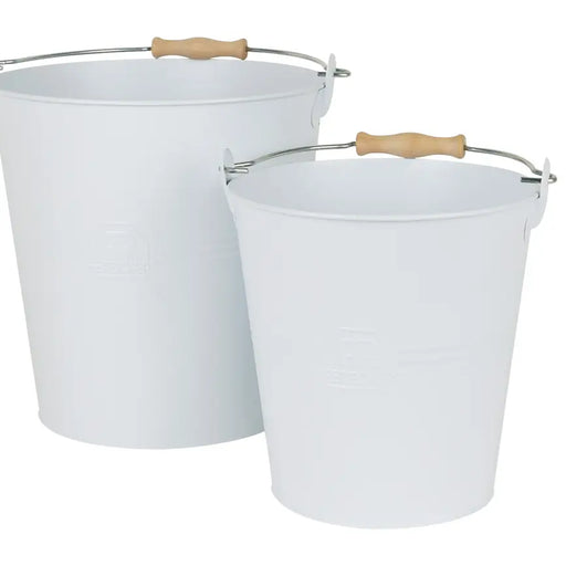 Redecker | Bucket Set: Two white metal buckets with wooden-handled grips, featuring 5L and 10L capacities, ideal for versatile kitchen use.