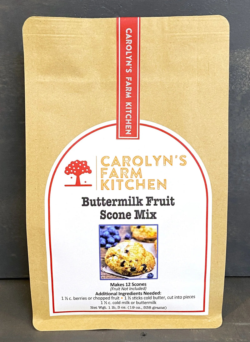 Carolyn's Farm Kitchen Buttermilk Fruit Scone Mix pouch, labeled for 12 scones, requires berries, cold butter, and milk. Ideal for creative, homemade scones.
