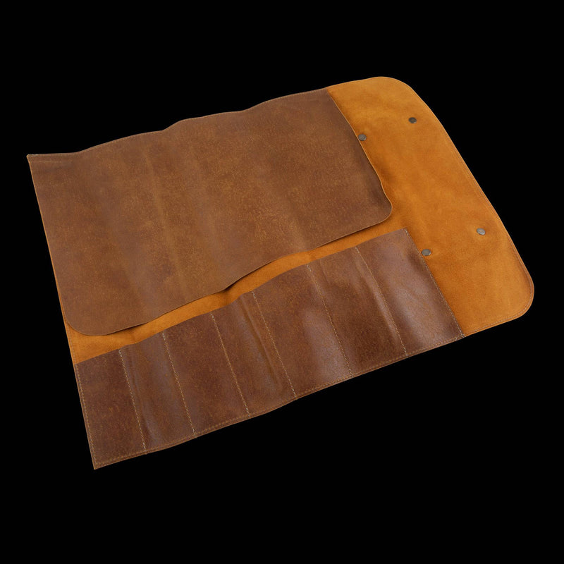 Messermeister | Vintage Leather 7 Pocket Knife Roll, Amber: Unfilled brown leather roll-up with stitched pockets, snap fasteners; ideal for organizing knives, crafted in the Netherlands.