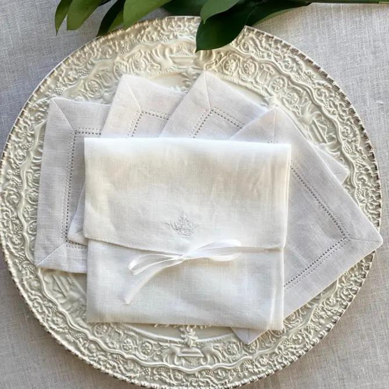 Crown Linen Designs | Hemstitch Cocktail Napkin Set - White