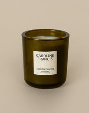 Caroline Francis - Daffodils at Play candle in a glass container with a visible label, hand-poured coconut soy wax, 7.5 oz, 45-50 hour burn time.