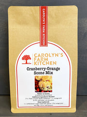Carolyn's Farm Kitchen | Cranberry-Orange Scone Mix in a kraft-paper pouch, featuring ingredients and optional glaze instructions, ideal for Athens Cooks' specialty food offerings.