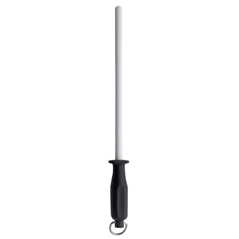 Messermeister 1200 Grit Ceramic Sharpening Rod, 12-inch, with ergonomic handle and hanging ring, ideal for honing knives with precision for daily kitchen use.