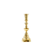 Sir|Madam | Georgian Candlestick, No. 4, Brass: A tall, gold-colored metal candlestick with a hexagonal base and ornate shaft, ideal for elegant table displays.