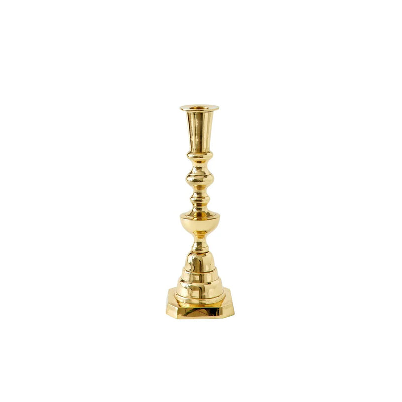 Sir|Madam | Georgian Candlestick, No. 4, Brass: A tall, gold-colored metal candlestick with a hexagonal base and ornate shaft, ideal for elegant table displays.