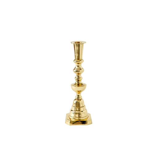 Sir|Madam | Georgian Candlestick, No. 4, Brass: A tall, gold-colored metal candlestick with a hexagonal base and ornate shaft, ideal for elegant table displays.