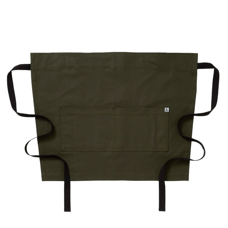 Hedley & Bennett Cafe Bistro Half Apron – Olive, featuring practical pockets and a sleek design, perfect for culinary enthusiasts at Athens Cooks.