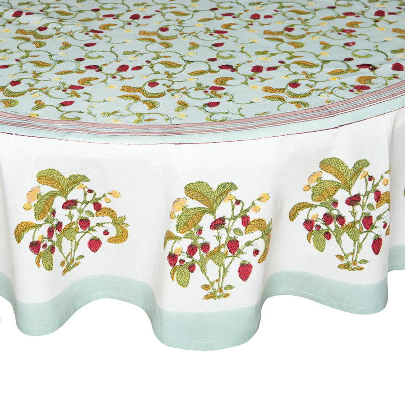 Caravan Home | 71 x 106 Fraises des Bois Blue Tablecloth with vibrant floral design, handprinted by artisans, featured at Athens Cooks kitchen store.