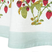 Caravan Home 59 x 86 Fraises des Bois Blue Tablecloth featuring vibrant embroidery, floral patterns, and fine stitching, handprinted by artisans for a unique, high-quality finish.