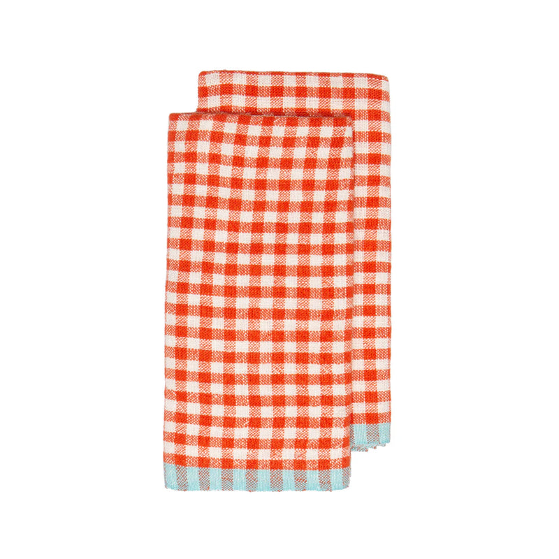 Caravan Home | 20 x 30 Gingham Orange & Aqua Towels features an orange gingham pattern with blue trim, ideal for brightening your kitchen.