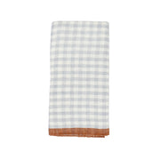 Caravan Home 20 x 30 Gingham Blue & Cognac Towel, featuring a pale blue and white checkered pattern with a burnt-orange trim, ideal for stylish kitchen settings.