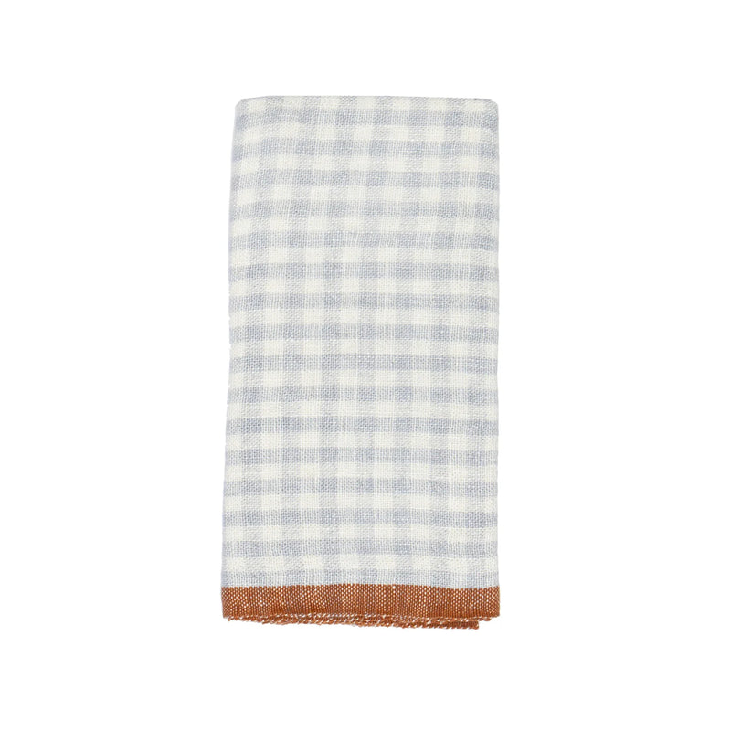 Caravan Home 20 x 30 Gingham Blue & Cognac Towel, featuring a pale blue and white checkered pattern with a burnt-orange trim, ideal for stylish kitchen settings.