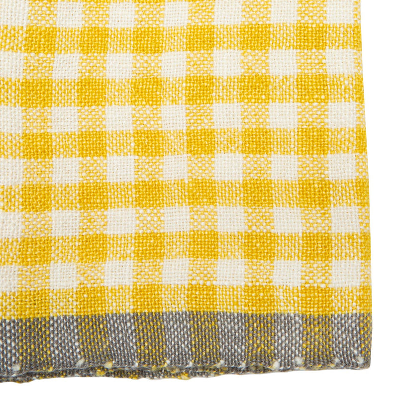 Caravan Home | 20 x 30 Gingham Dijon & Grey Towels, featuring a yellow and white check pattern with a contrasting gray border, ideal for kitchen decor.