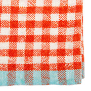Caravan Home | 20 x 30 Gingham Orange & Aqua Towels: A vibrant towel featuring an orange-and-white gingham pattern with a turquoise-and-orange striped border.