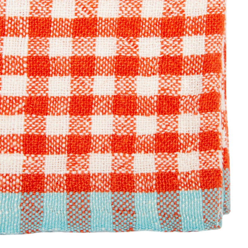 Caravan Home | 20 x 30 Gingham Orange & Aqua Towels: A vibrant towel featuring an orange-and-white gingham pattern with a turquoise-and-orange striped border.