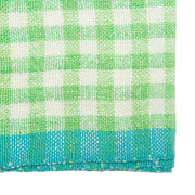 Caravan Home | 20 x 30 Lime & Aqua Towels: Close-up of green-and-white gingham kitchen towel with teal hem, showcasing a textured, homespun look, ideal for welcoming spaces.