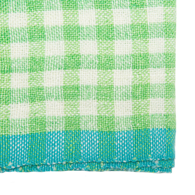 Caravan Home | 20 x 30 Lime & Aqua Towels: Close-up of green-and-white gingham kitchen towel with teal hem, showcasing a textured, homespun look, ideal for welcoming spaces.