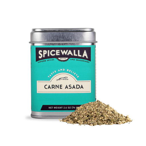 Spicewalla | Carne Asada seasoning tin with coarse herb and spice blend, offering earthy, citrusy flavors ideal for tacos and fajitas, from Athens Cooks.
