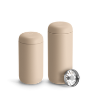 FELLOW | Carter Move Mug, Sand Dune / 16 oz, with ceramic interior and removable strainer, designed for flavor retention and spill-proof travel.