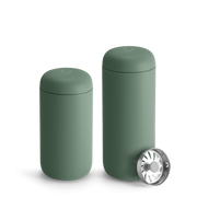 FELLOW | Carter Move Mug, Smoke Green / 16 oz, set with a stainless-steel strainer, ideal for maintaining drink temperature and flavor on-the-go.