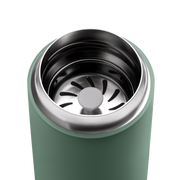 FELLOW | Carter Move Mug, Smoke Green / 16 oz shown with an infuser insert, designed for flavor retention and spill-free portability.