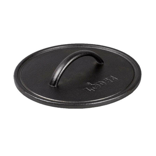 Lodge | Cast Iron Grill Presses - 8 Round with a black handle and cast iron lid, perfect for grilled sandwiches and flat bacon.