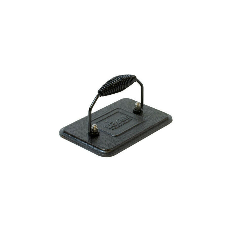 Lodge Cast Iron Grill Presses - Rectangular, 6.75 x 4.5, a black metal press with handle, perfect for grilling sandwiches and keeping bacon flat.
