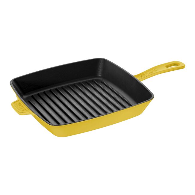 Staub Cast Iron Square Grill Pan - Grenadine, designed for high-heat indoor grilling, featuring ridges for authentic grill marks and elevated cooking surface for healthier meals.