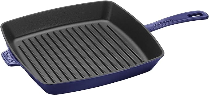 Staub Cast Iron Square Grill Pan, ideal for indoor grilling, features raised ridges for authentic grill marks and is perfect for stovetop to table serving.