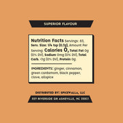 Spicewalla | Chai Masala spice blend label detailing ingredients like ginger and cardamom, nutrition facts, and brewing instructions for a premium chai experience.