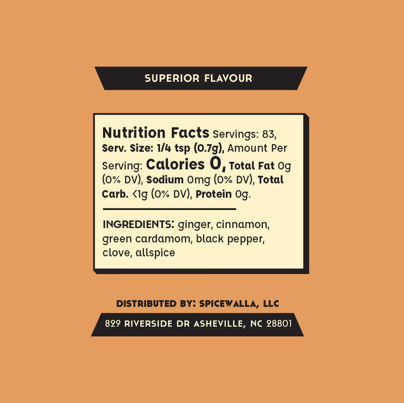 Spicewalla | Chai Masala spice blend label detailing ingredients like ginger and cardamom, nutrition facts, and brewing instructions for a premium chai experience.