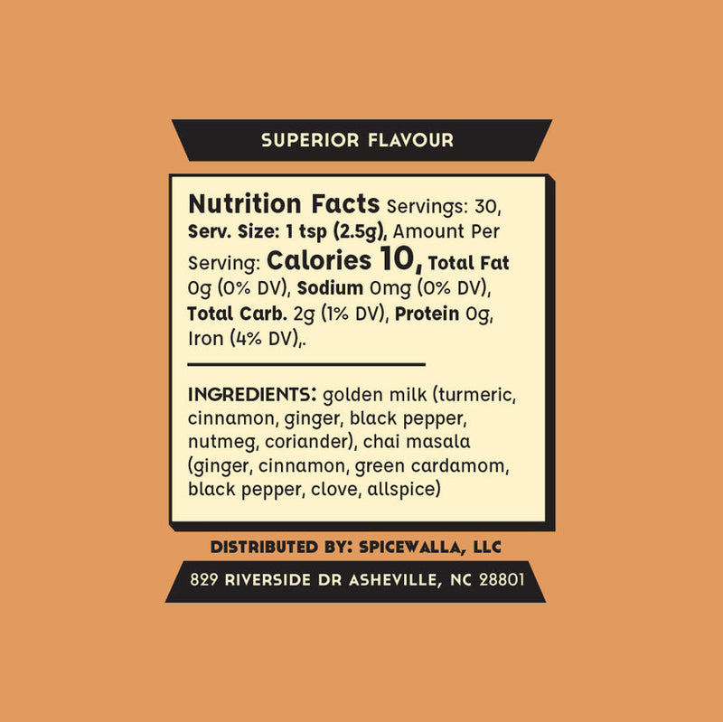 Spicewalla | Chai Spiced Golden Milk label highlighting superior flavor, nutrition facts, and unique blend of golden milk and chai masala, distributed by Spicewalla, LLC.