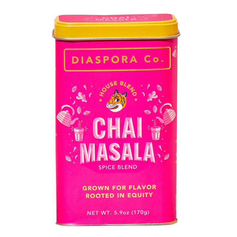 Diaspora Co | Chai Masala - 6 oz box, featuring premium spices sourced from family farms in India and Sri Lanka, ideal for crafting flavorful, caffeine-free chai.