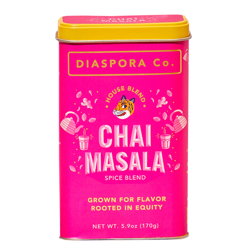 Diaspora Co | Chai Masala - 6 oz box, featuring premium spices sourced from family farms in India and Sri Lanka, ideal for crafting flavorful, caffeine-free chai.
