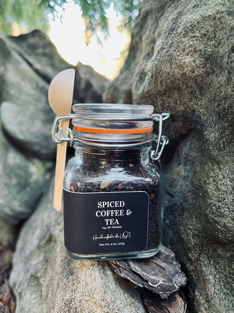 Jar Masala | Chai Teas - Spicy Tea: Close-up of jar with label, highlighting artisanal spice and black tea blend crafted by women-owned company in Snellville, GA.