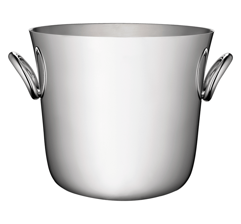 Christofle | Champagne Bucket Vertigo, Silver Plated: Polished-metal ice bucket with asymmetrical looped handles, ideal for chilling champagne or white wine, designed by Andrée Putman.