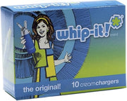 Whip-It! Chargers - N2O Cream Chargers box featuring a woman holding a spray can, emphasizing their use in enhancing culinary creations.