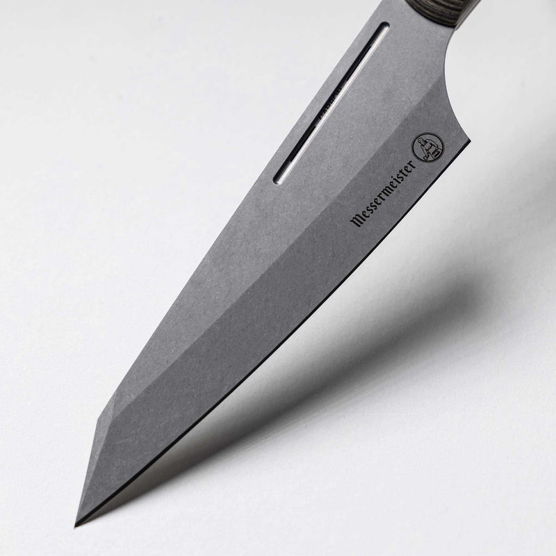 Messermeister | Chef April Bloomfield Chef's Knife, 6.5 inches, showcasing a high-end blade with logo, ideal for precise culinary tasks in professional and home kitchens.