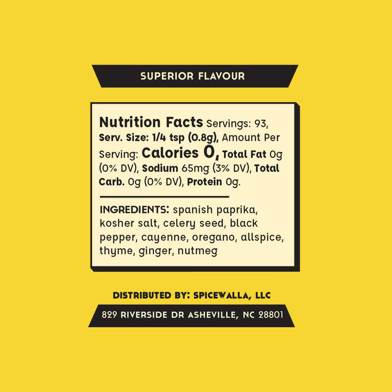Spicewalla | Chesapeake Seafood Seasoning label featuring nutrition facts, ingredient list, and Superior Flavour branding, ideal for enhancing seafood dishes and more.