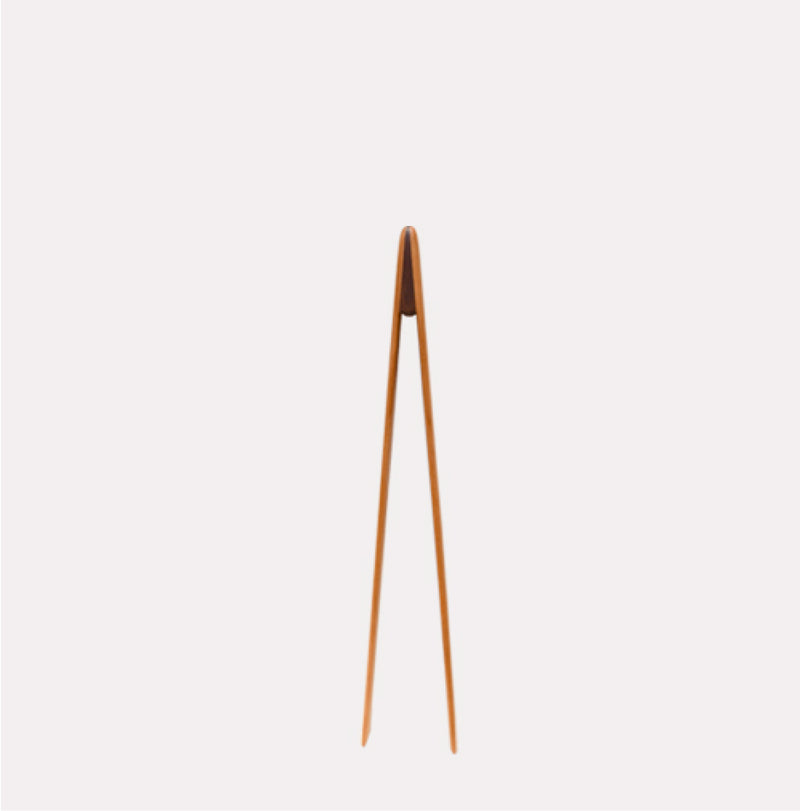Jonathan's Spoons | Children's Chopsticks: Wooden kitchen tongs with two slender arms joined by a bridge, ideal for cooking or serving, showcased upright.