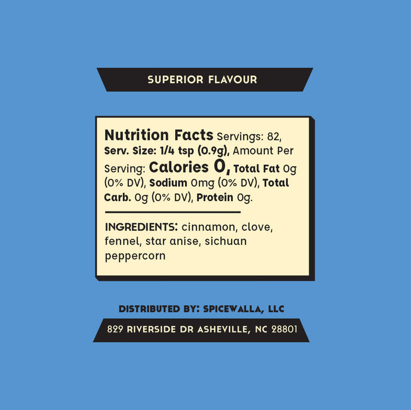 Spicewalla | Chinese Five Spice label showing nutrition facts and ingredients: cinnamon, clove, fennel, star anise, Sichuan peppercorn. Ideal for enhancing Taiwanese dishes.