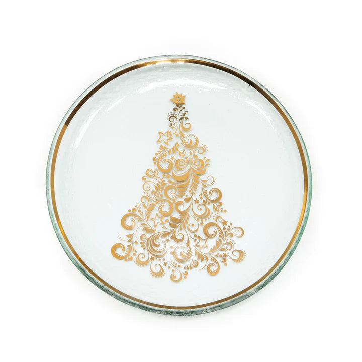 Annie Glass | 2025 Christmas Tree Plate: Round glass platter with ornate gold Christmas tree motif and rim, ideal for festive serving.