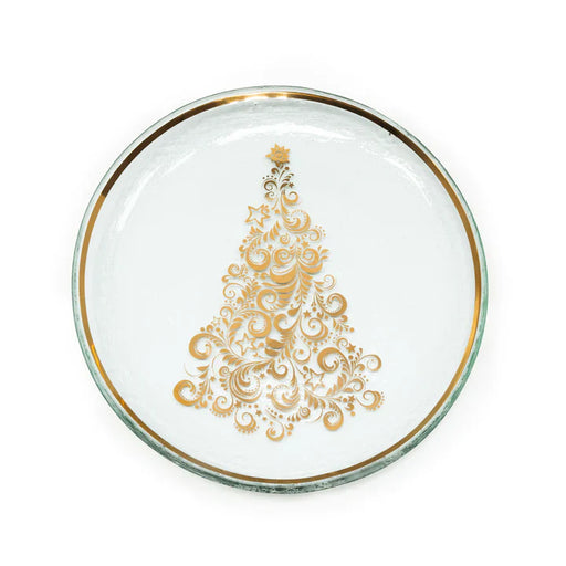 Annie Glass | 2025 Christmas Tree Plate: Round glass platter with ornate gold Christmas tree motif and rim, ideal for festive serving.