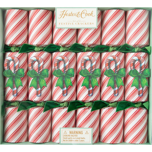 Hester & Cook | Christmas Crackers - Candy Cane, featuring surprises like honeycomb balls, confetti, gold crowns, and conversation cards, perfect for festive dining and celebrations.