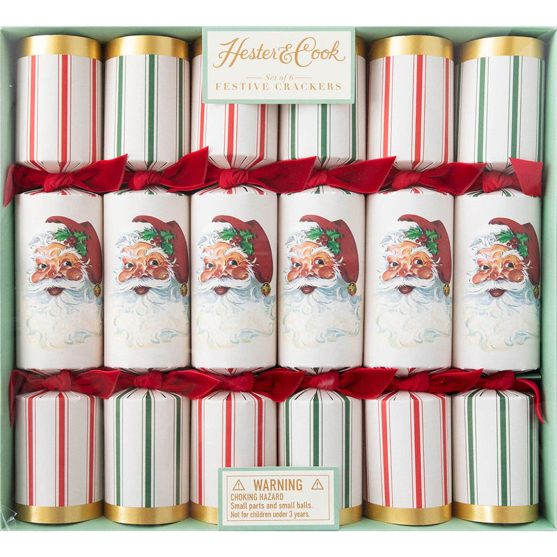 Hester & Cook | Christmas Crackers - Santa, featuring festive surprises like a honeycomb ball, confetti, a gold crown, and an inspirational card.