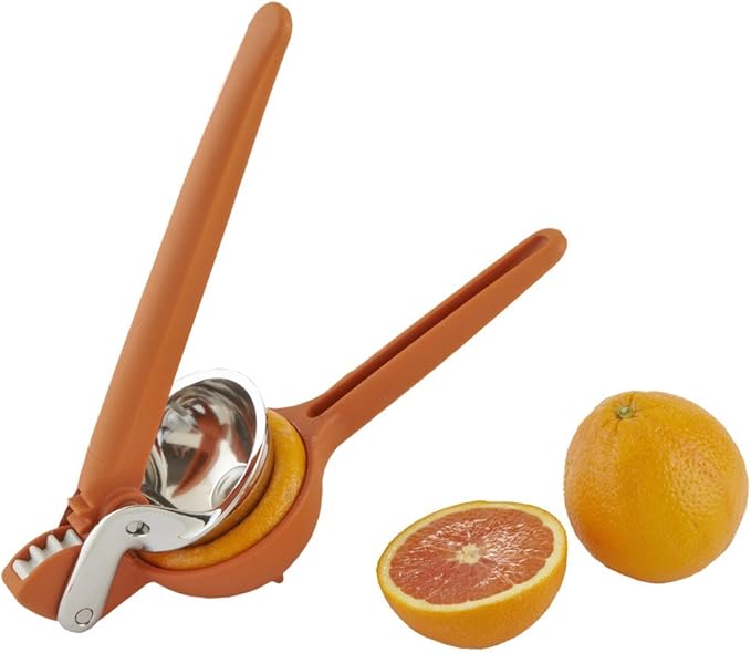 Chef'n | Citrus Juicers - Orange Juicer alongside fresh citrus fruits and a metal squeezer, ideal for efficient juicing in any kitchen setting.