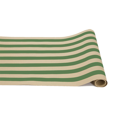 Hester & Cook | Classic Stripe Runners - Kraft Green on a dining table, showcasing its versatility for elegant table settings or creative gift wrapping solutions.