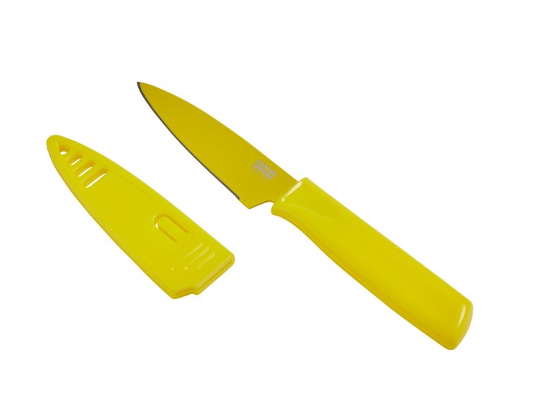 Kuhn Rikon | Colori Pairing Knife (Lemon) features a sharp Japanese stainless steel blade and bright yellow handle with sheath, ideal for versatile kitchen tasks.