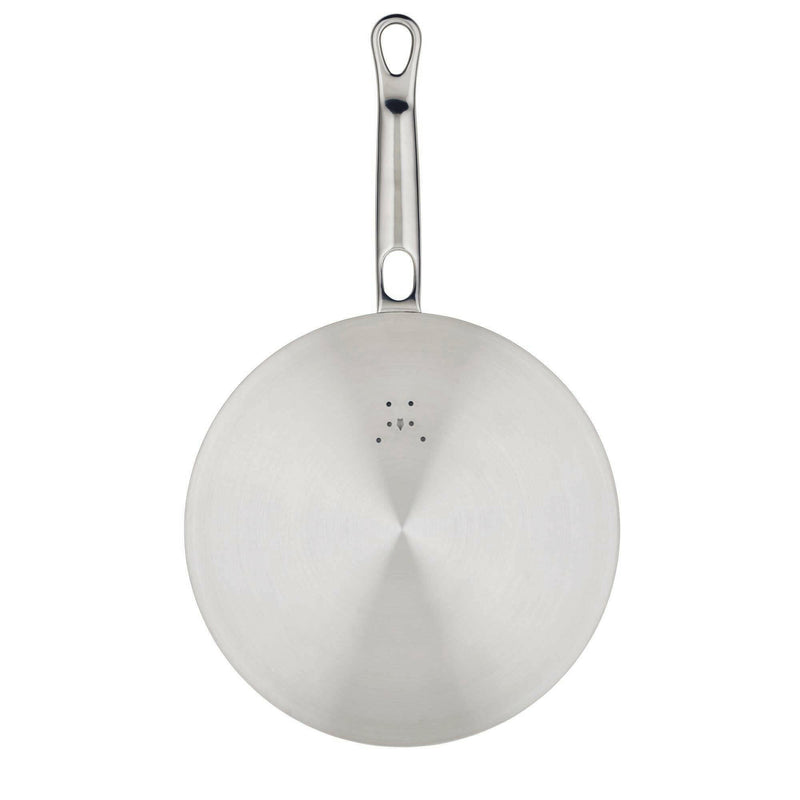 Underside view of Hestan's 11 Commercial Clad Stainless Steel Universal Lid, showcasing its durable design and heat-distribution dimples for versatile kitchen use.